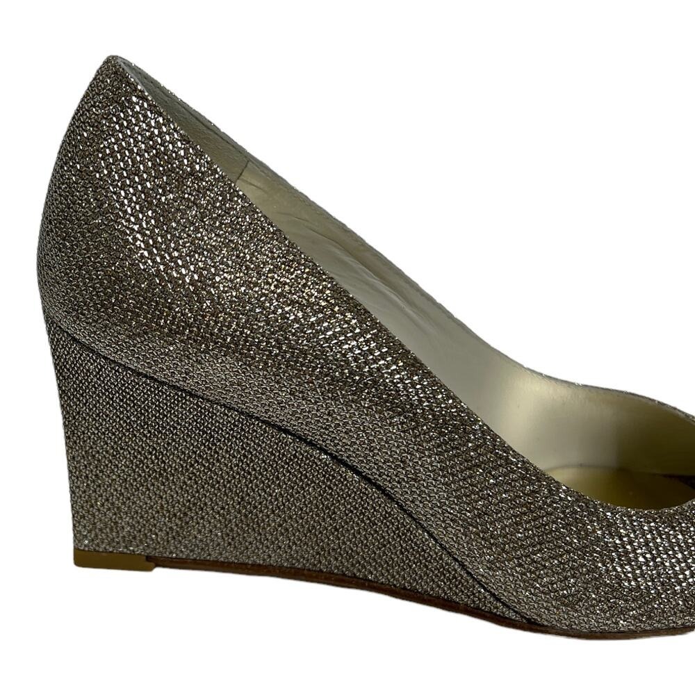 Stuart Weitzman Wedge Womens 8.5 Gold Glitter Peep Toe Pump Formal Dress Shoes - Picture 7 of 10